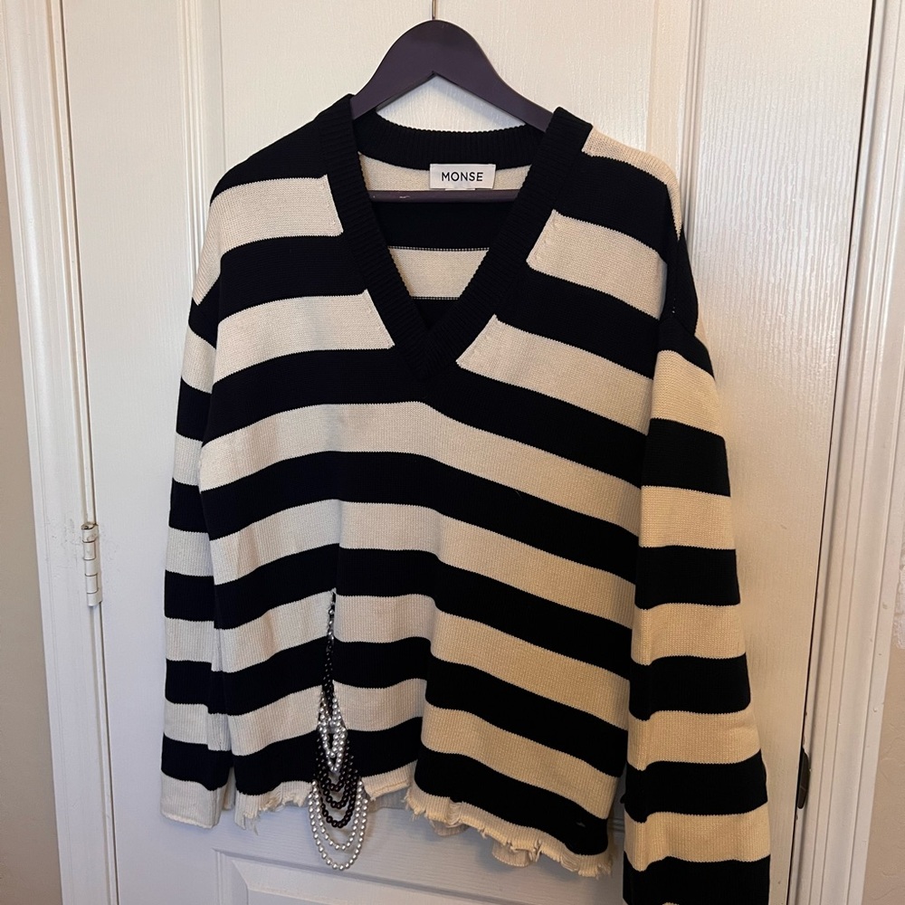 Monse Faux Pearl Striped Navy Knit Sweater Women's XS.💎Spring/Summer 2019 Runway - Picture 3 of 12